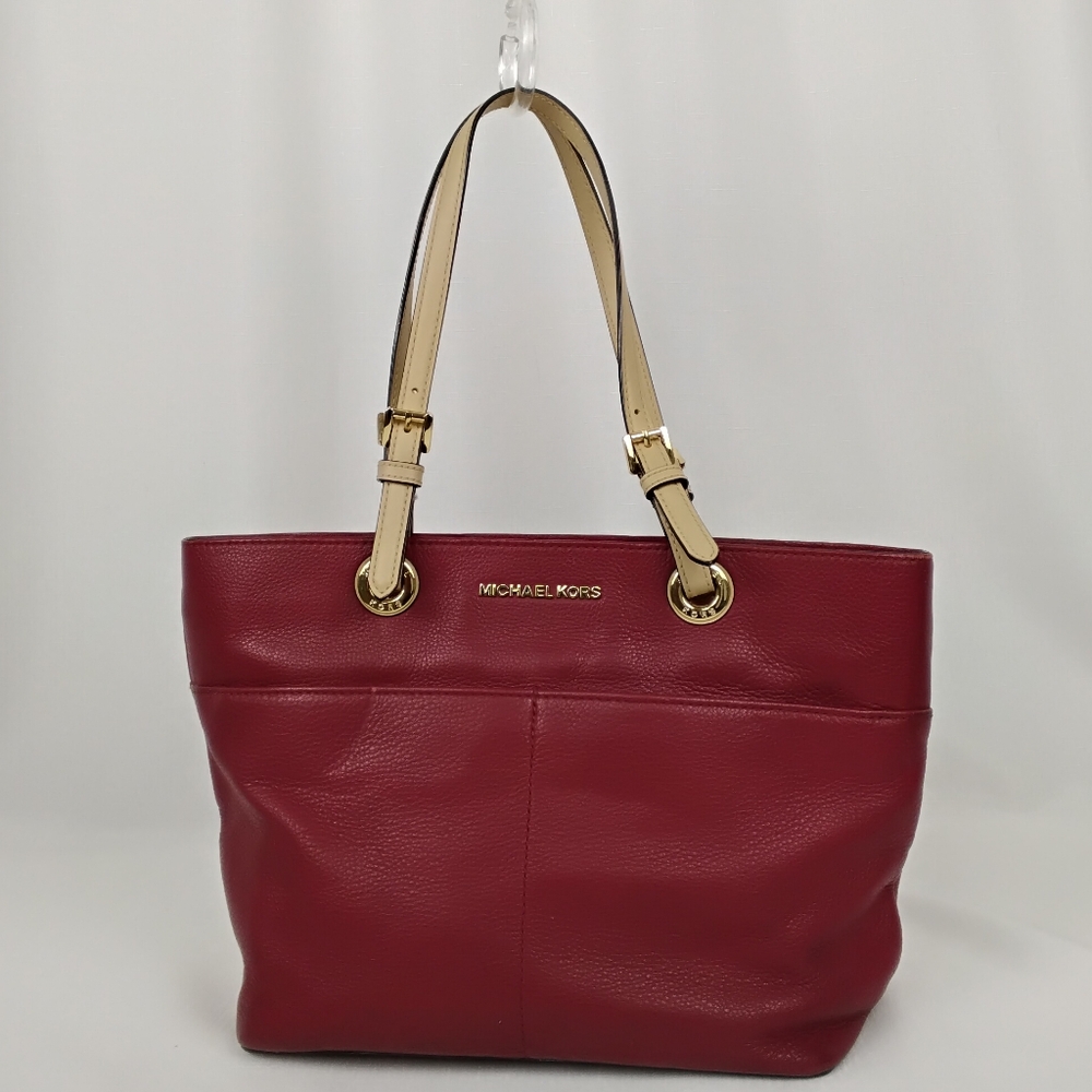 Michael Kors Cherry Red Bedford Medium Pebbled Leather Tote